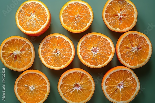 A row of oranges with the top one cut off photo