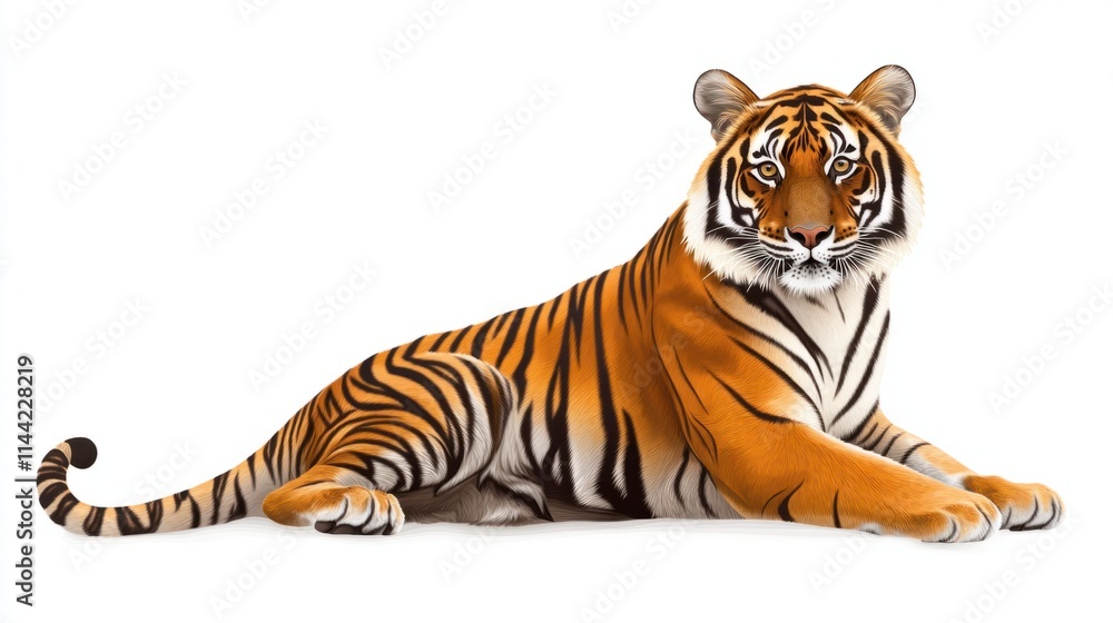 Fototapeta premium A realistic illustration of a tiger crouching, with vivid orange and black stripes, isolated on a clean white background