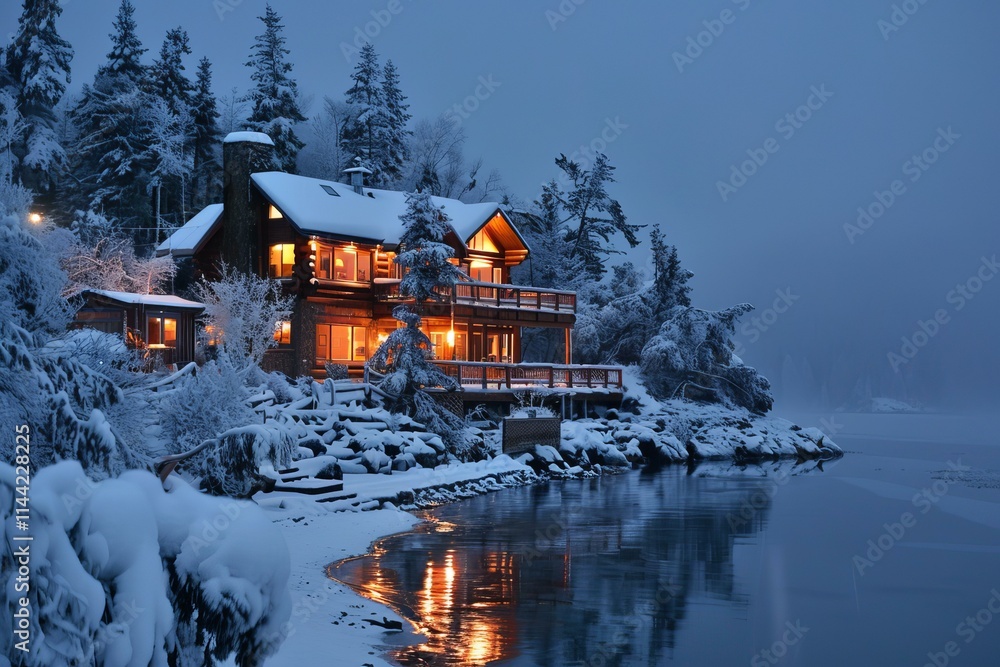 Obraz premium Luxurious log cabin glows on a snowy lakeside evening