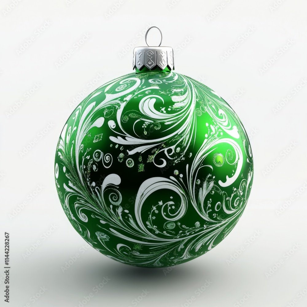 A smooth green Christmas ball with pattern, glossy finish, placed against a pure white background A smooth green Christmas ball with pattern, glossy finish, placed against a pure white background
