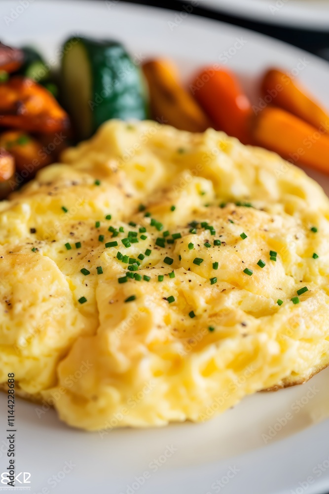 Fluffy scrambled eggs with chives, served with roasted vegetables. Fluffy scrambled eggs with chives, served with roasted vegetables.