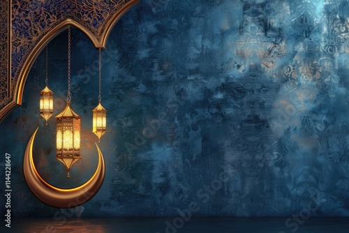 Islamic themed luxury background with lantern  moon  and religious events. photo