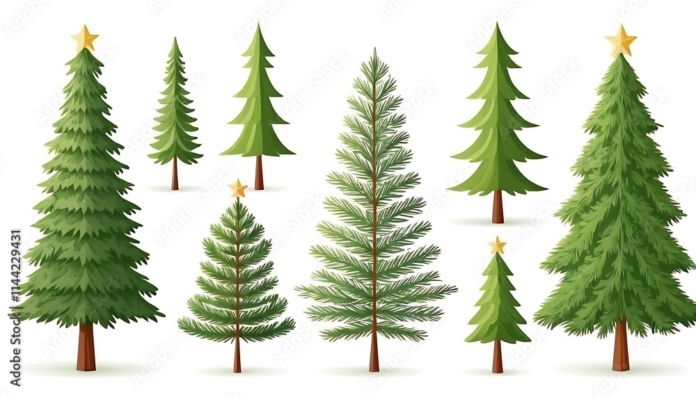Christmas tree holiday sticker green cartoon set. Flat modern party simple pattern greeting card traditional collage forest design.isolated white background,1 Christmas tree holiday sticker green cartoon set. Flat modern party simple pattern greeting card traditional collage forest design.isolated white background,1