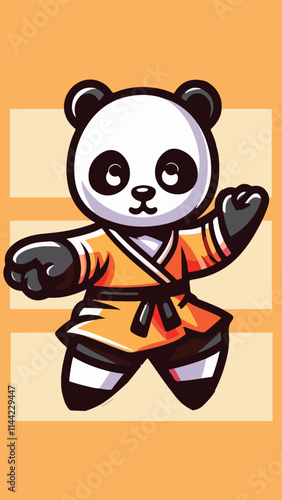Panda mascot wearing shaolin clothes with a pose ready to fight