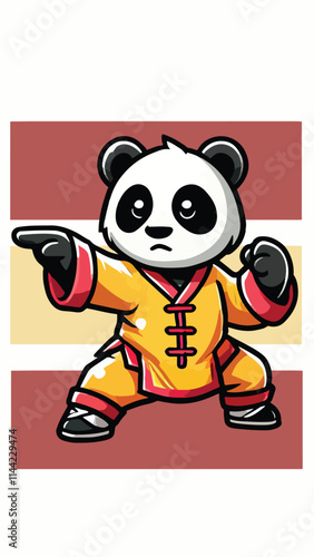 Panda mascot wearing shaolin clothes with a pose ready to fight