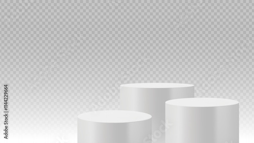 Three white cylindrical podium pedestals on a transparent background with a soft shadow. Stage showcase platform vector.