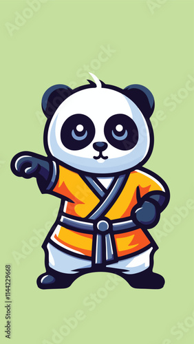 Panda mascot wearing shaolin clothes with a pose ready to fight