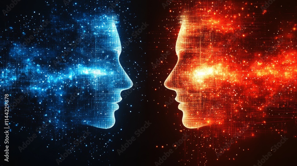 Abstract representation of conflict and harmony using vibrant blue and red tones to symbolize emotions and duality. Abstract representation of conflict and harmony using vibrant blue and red tones to symbolize emotions and duality.