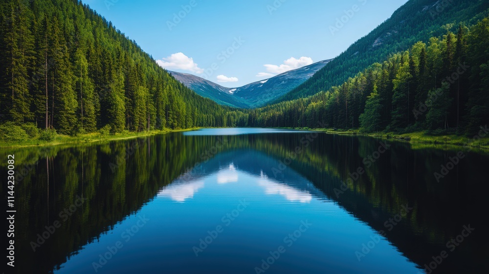 A beautiful lake surrounded by trees with a clear blue sky above A beautiful lake surrounded by trees with a clear blue sky above
