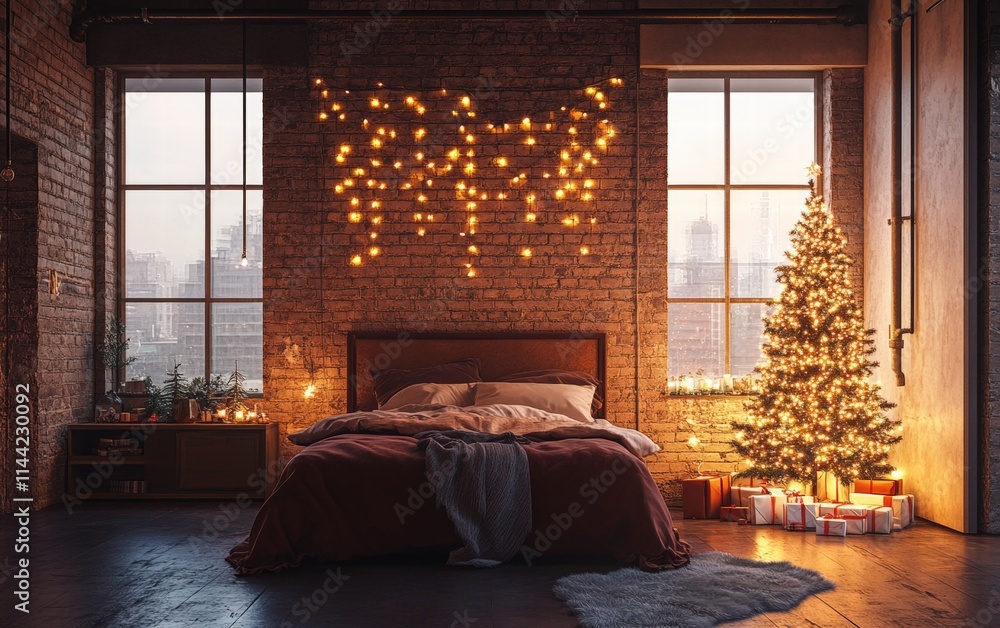 Fototapeta premium An industrial-style loft bedroom featuring exposed brick walls, a cozy glowing Christmas tree, and string lights for a festive atmosphere