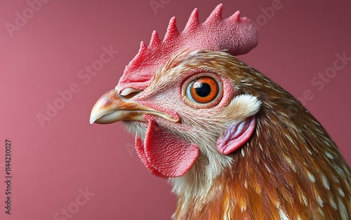 Close-up profile of a hen's head against a muted pink background, showcasing its detailed features.