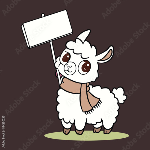 Hand drawn cute little alpaca cartoon with blank sign illustration