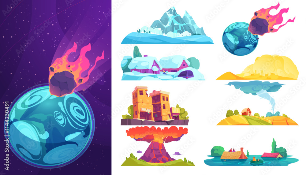Naklejka premium Meteor Approaching Earth with Diverse Landscapes