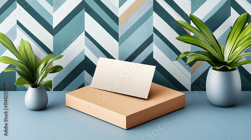 Blank business card mockup on pastel platform, plants, geometric background; branding, design.