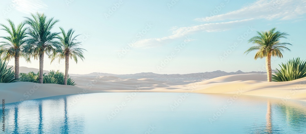 Serene desert oasis with palm trees and blue water. Serene desert oasis with palm trees and blue water.