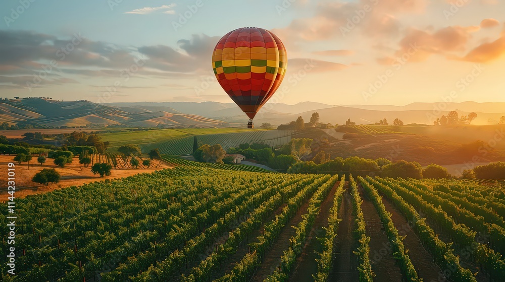 Fototapeta premium Hot Air Balloon Floating Over Scenic Green Vineyards at Sunrise, A Dreamy and Breathtaking Aerial View of Nature