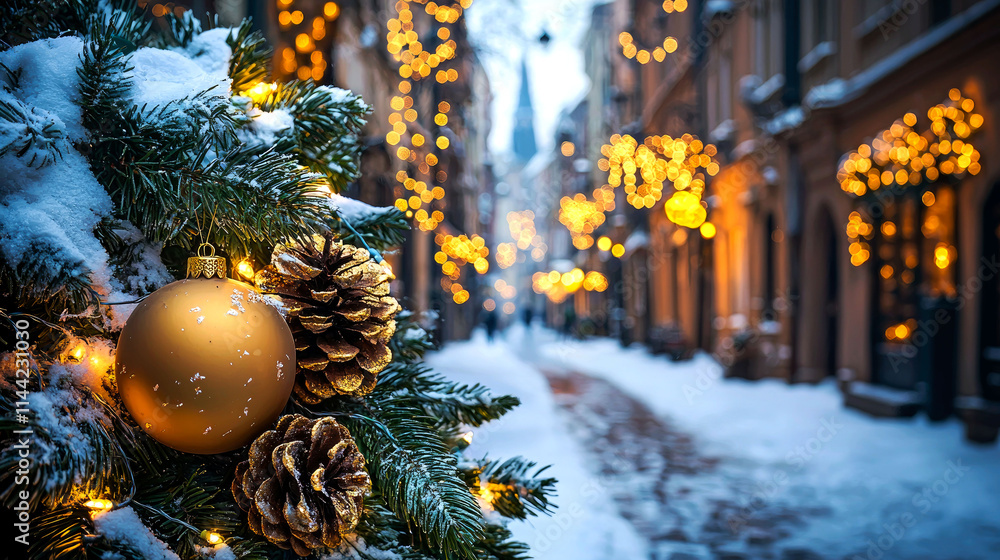 Fototapeta premium Snowy Christmas street scene with decorations.