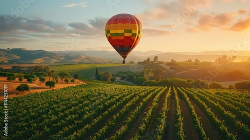 Hot Air Balloon Floating Over Scenic Green Vineyards at Sunrise, A Dreamy and Breathtaking Aerial View of Nature
