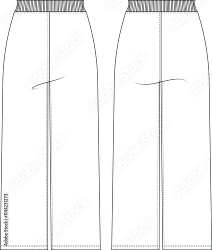 elastic ribbed banded straight wide leg mid rise waist high rise high waist pant trouser sweatpant  template technical drawing flat sketch cad mockup fashion woman design style model 
