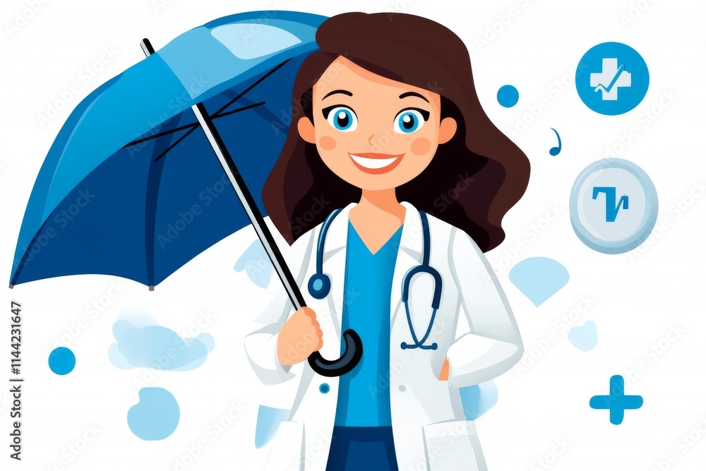 Doctor sonriente protege a su paciente con un paraguas frente a un fondo colorido en un entorno clínico Doctor sonriente protege a su paciente con un paraguas frente a un fondo colorido en un entorno clínico