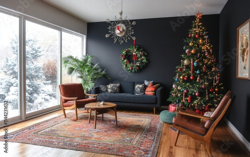 Contemporary living room with dark walls, warm wooden floors, and a bold Christmas tree decorated in jewel tones photo