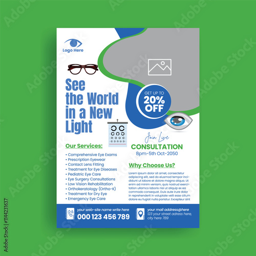 Optometrist or eye care Editable print flyer or poster template suitable for medical healthcare leaflet or brochure cover design