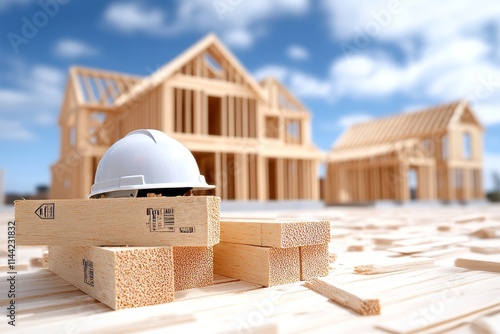 Construcción de una casa suburbana con materiales de madera y un casco de seguridad en el sitio photo