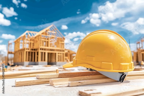 Proceso de construcción de una casa suburbana con casco de seguridad en primer plano bajo un cielo azul photo