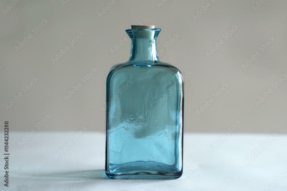 Empty blue glass bottle with cork lid is standing on a white surface Empty blue glass bottle with cork lid is standing on a white surface