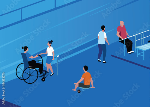 Create a detailed vector illustration of a modern rehabilitation center showcasing its facilities therapy rooms, gym, outdoor spaces.  Include architectural details and a welcoming atmosphere.