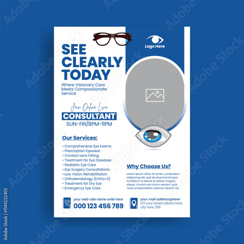 Optometrist Editable print flyer or poster template and medical healthcare flyer poster, leaflet brochure cover design