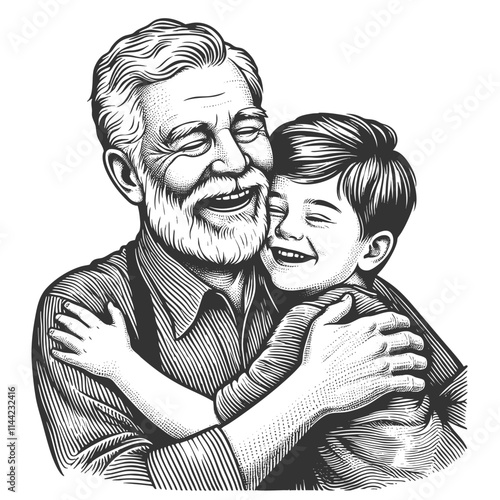 joyful grandfather holding his grandson, showcasing love, warmth, and family bonding in a nostalgic style sketch engraving generative ai vector illustration. Black and white image.
