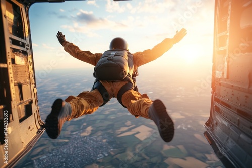 Skydiver leaps from aircraft into sunset with arms outstretched over scenic landscape photo