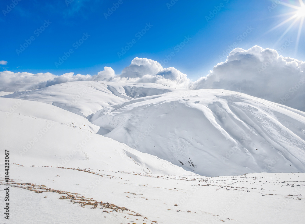 Campocatino and Mount Pozzotello, Italy - The snow capped mountains in the province of Frosinone, Lazio region, in Ernici mounts, famous for ski site station.