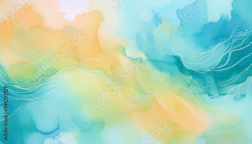 半透明の水彩絵の具が紙の上に広がり、自然ににじんで混ざり合うシンプルな模様