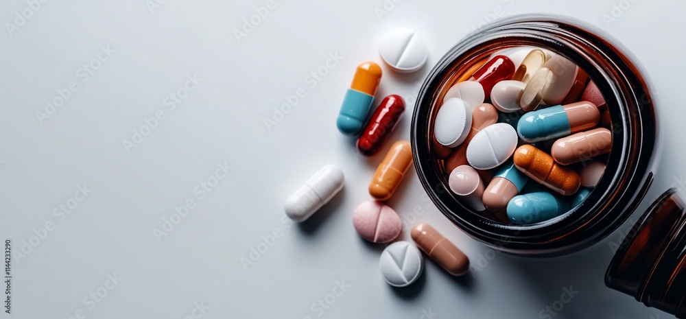 A variety of colorful pills and capsules spilled from a glass bottle on a white surface. A variety of colorful pills and capsules spilled from a glass bottle on a white surface.