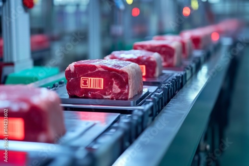 Meat processing line modern factory industrial photography high-tech environment close-up view food quality control