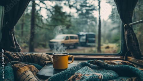 Wallpaper Mural Steaming coffee mug with blankets in camper van. Autumn travel concept Torontodigital.ca