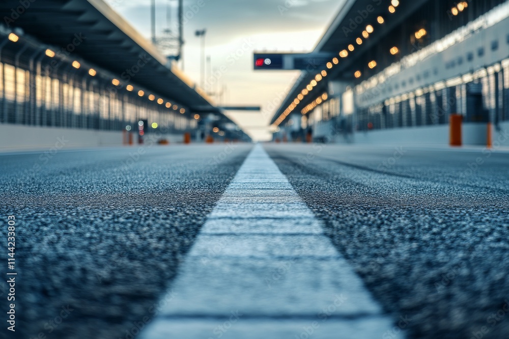 Perspective view of a racetrack pit lane at sunset with warm lights illuminating the surroundings Perspective view of a racetrack pit lane at sunset with warm lights illuminating the surroundings
