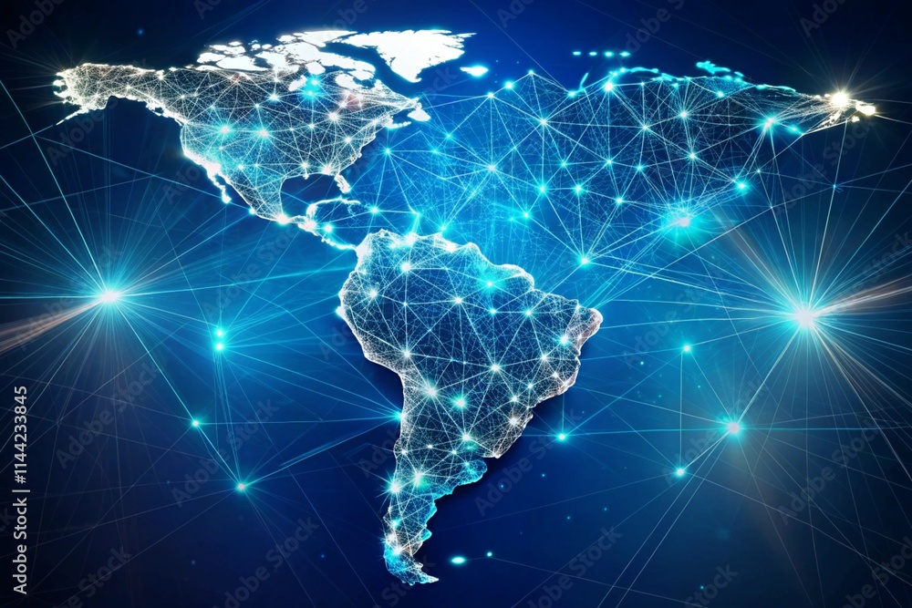Fototapeta premium South Americas Technological Map Depicting Global Communication and Data Sharing, Wallpaper Background