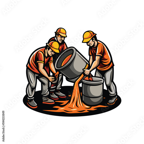 A vibrant, action-packed illustration depicting construction workers expertly pouring wet concrete, showcasing teamwork and industrial strength.