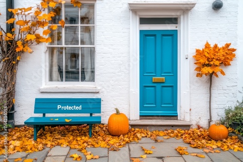 Casa acogedora con puerta azul y decoración otoñal, mostrando calabazas y hojas caídas en un ambiente cálido photo