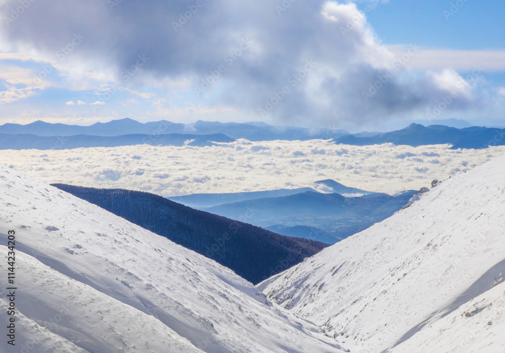 Campocatino and Mount Pozzotello, Italy - The snow capped mountains in the province of Frosinone, Lazio region, in Ernici mounts, famous for ski site station.