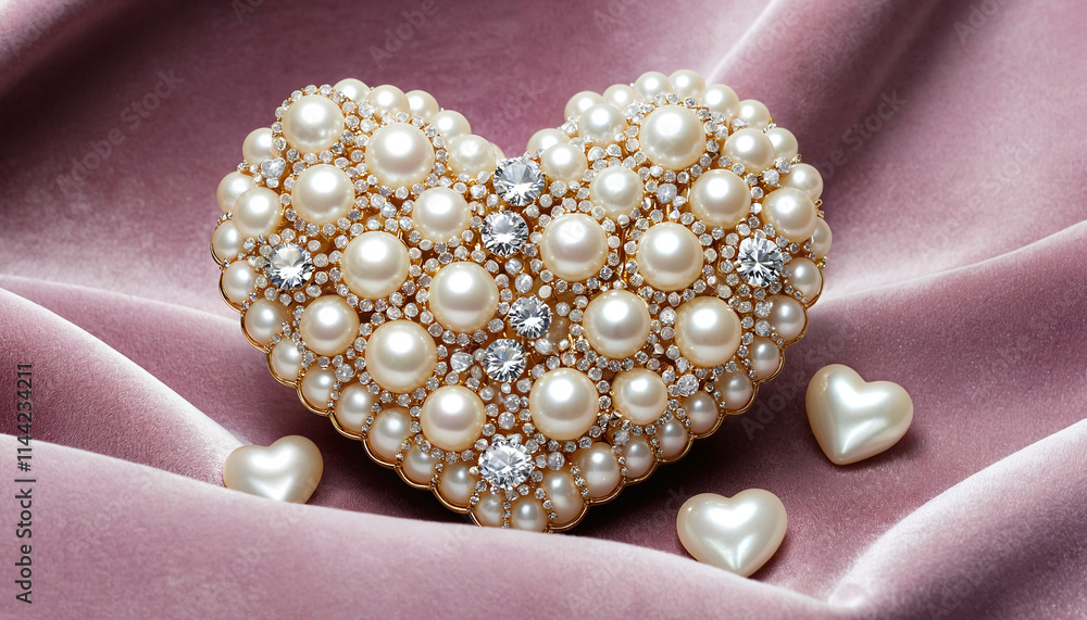 Heartshaped pearl necklace with diamond accents on a pink velvet background Heartshaped pearl necklace with diamond accents on a pink velvet background