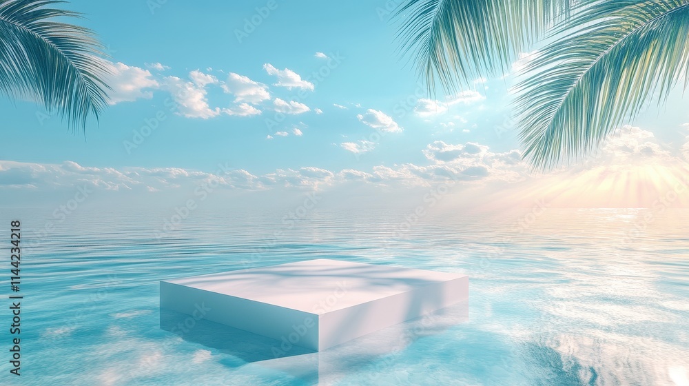 Obraz premium 3d background product display podium scene with leaf geometric platform,cloud and sky, palm shadows and white stone podium,Mockup for eco beauty cosmetic advertising,Copy space.