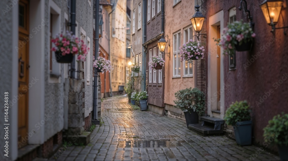 Cobblestone alley in an old European town with hanging flowers and lanterns Cobblestone alley in an old European town with hanging flowers and lanterns