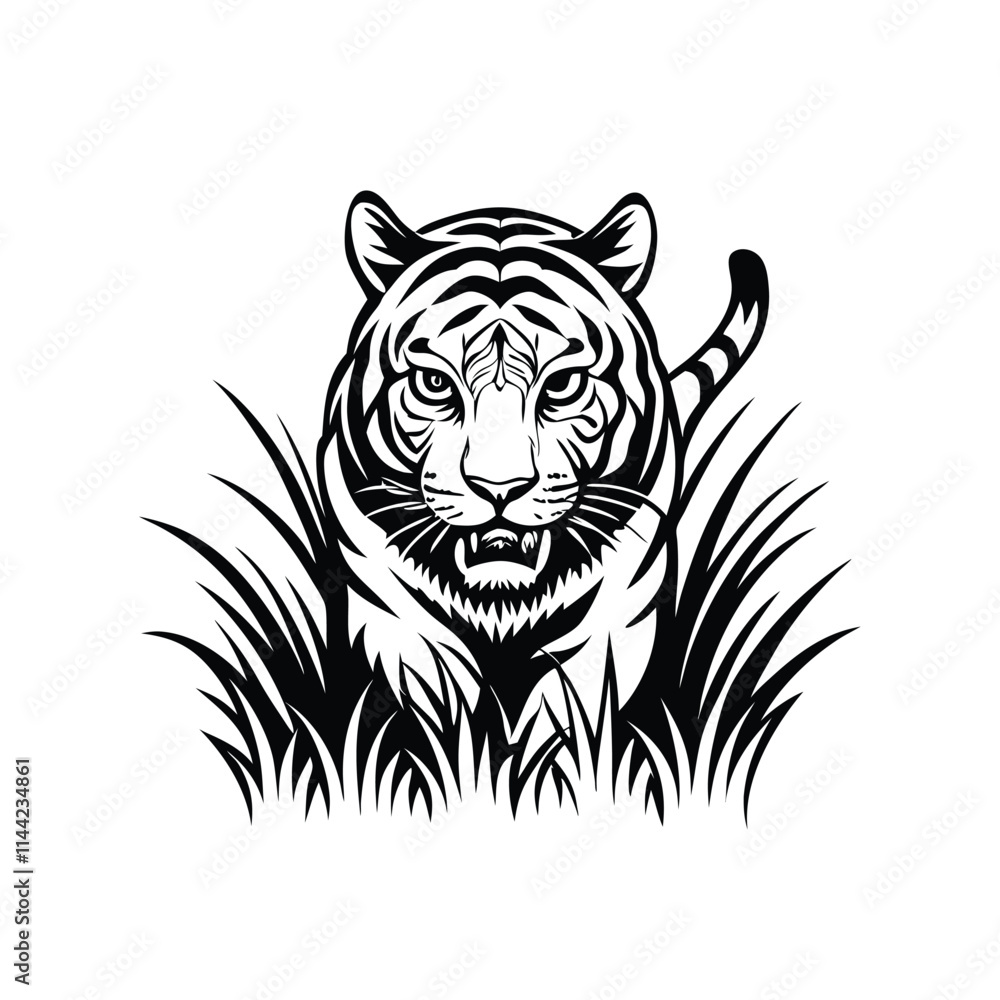 A majestic Bengal tiger, eyes gleaming, stealthily stalks through tall, swaying savanna grass, hunting at dawn. A majestic Bengal tiger, eyes gleaming, stealthily stalks through tall, swaying savanna grass, hunting at dawn.