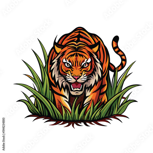 A majestic Bengal tiger stealthily moving through tall savanna grass, hunting.  Intense gaze, sharp claws visible.