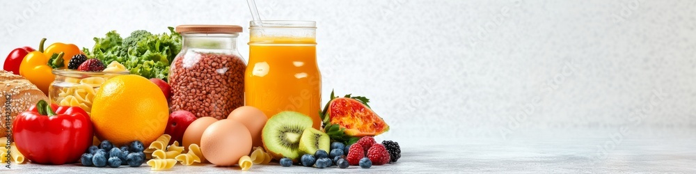 Variedad de alimentos frescos y saludables en una mesa con frutas, verduras y bebidas nutritivas Variedad de alimentos frescos y saludables en una mesa con frutas, verduras y bebidas nutritivas