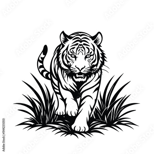 A majestic Bengal tiger stealthily moving through tall, golden savanna grass, muscles rippling, eyes intensely focused. Capture its raw power and beauty.